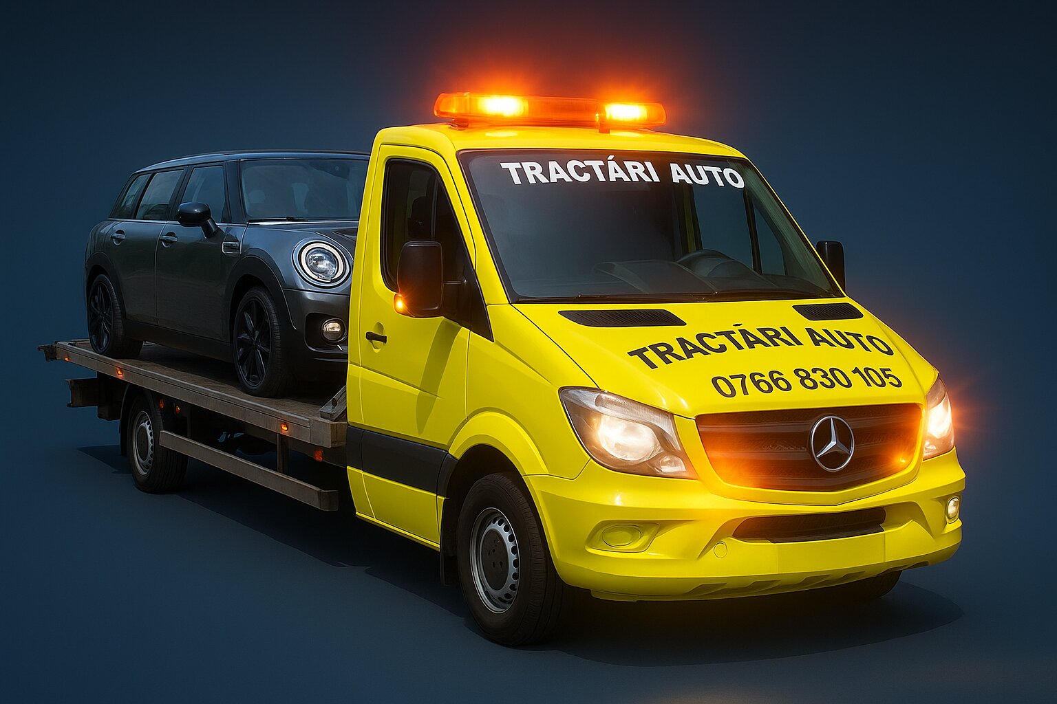 Platformă tractări auto Constanța – autospecială galbenă cu mașină urcată, intervenție rapidă pe A2/A4